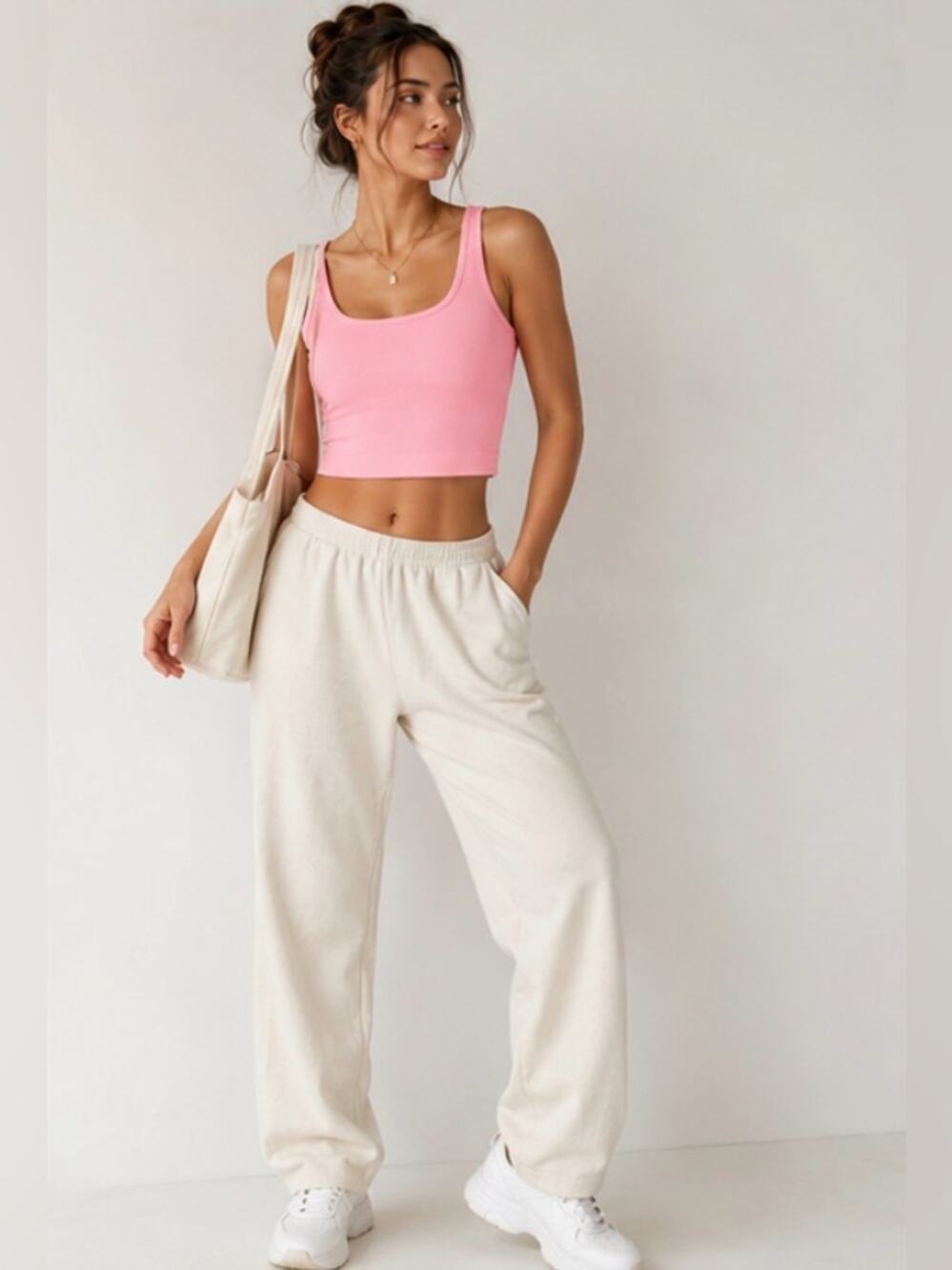 OQQ Pink Ribbed Seamless Crop Tank Top Size Small